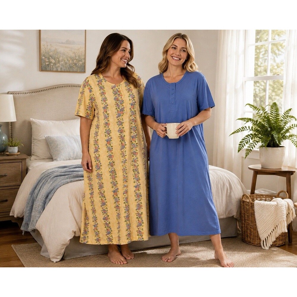 Cozee Corner Womens OS Nightgown Set of 2 Cotton Floral Blue Henley Sleep Shirts